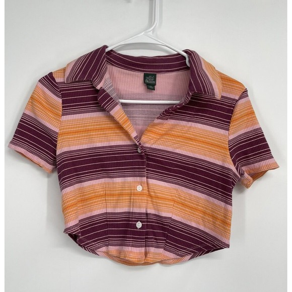Wild Fable Womens Orange & Purple Stripe Short Sleeve Button Polo Shirt Medium‎ - Picture 1 of 6